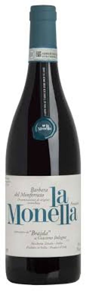 Bottle of La Monella Barbera del Monferrato red wine.