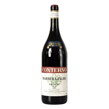 Bottle of 2018 Conterno Barbera d'Alba red wine.