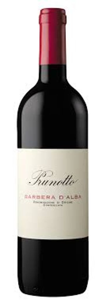 Bottle of Prunotto Barbera d'Alba red wine with a red foil top.