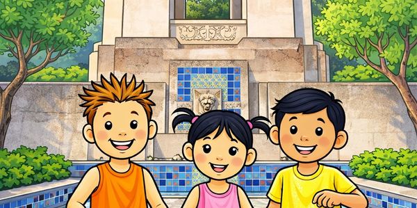 Three happy kids standing in front of a decorative fountain outdoors.