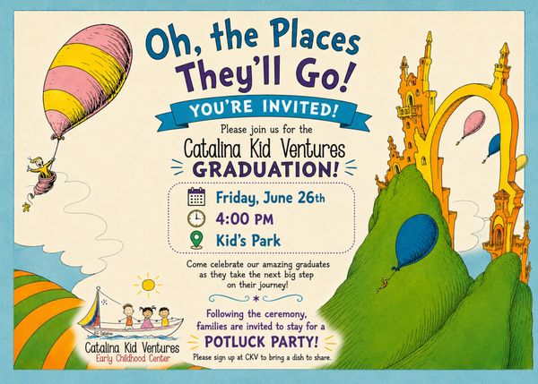 Colorful invitation for Catalina Kid Ventures graduation and potluck party at Kid's Park.
