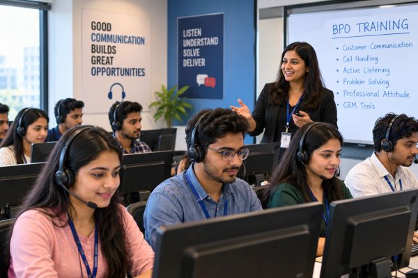Group of people in a BPO training session wearing headsets.