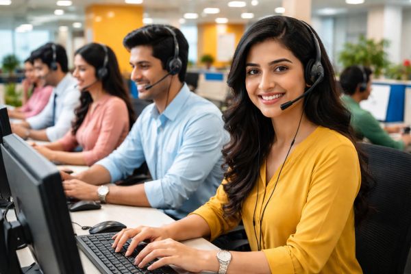 Smiling customer service team working with headsets.
