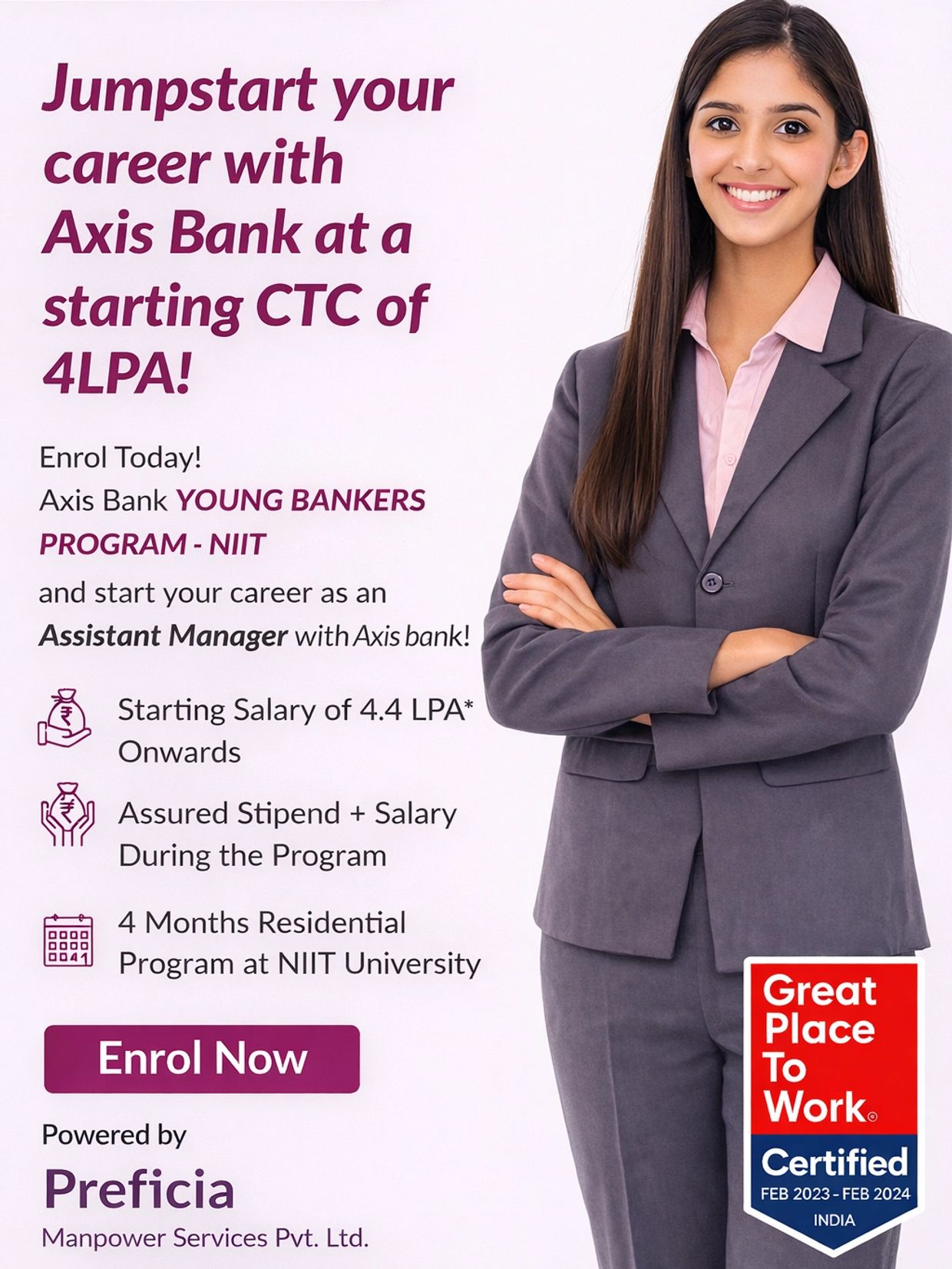 Axis Bank offers a Young Bankers Program with starting salary and residential training.