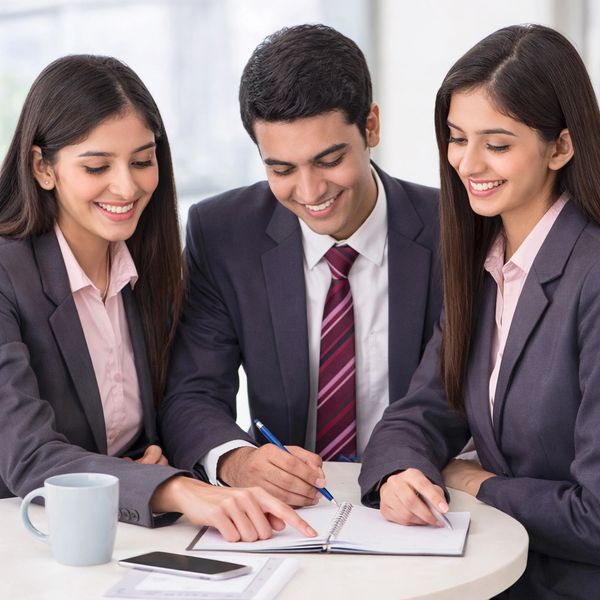 Three young professionals collaborate happily in a bank's training program.