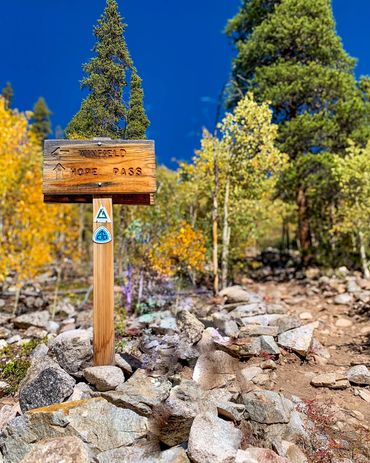 A trail sign made from wood that reads Winfield to the left, and Hope Pass straight up. Surrounded by