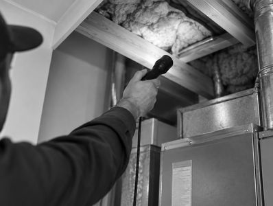 Inspecteur examinant une ventilation avec une lampe de poche.