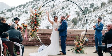 Red Rocks wedding, winter wedding, hoop arch, wedding planner, mountain wedding