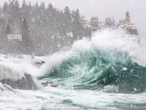 Waves striking shoreline of Lake Superior, Split Rock Lighthouse State Park, February, MN