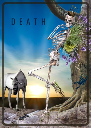 A skeleton with lavender wings and roots stands next to a white horse with the sun rising behind.