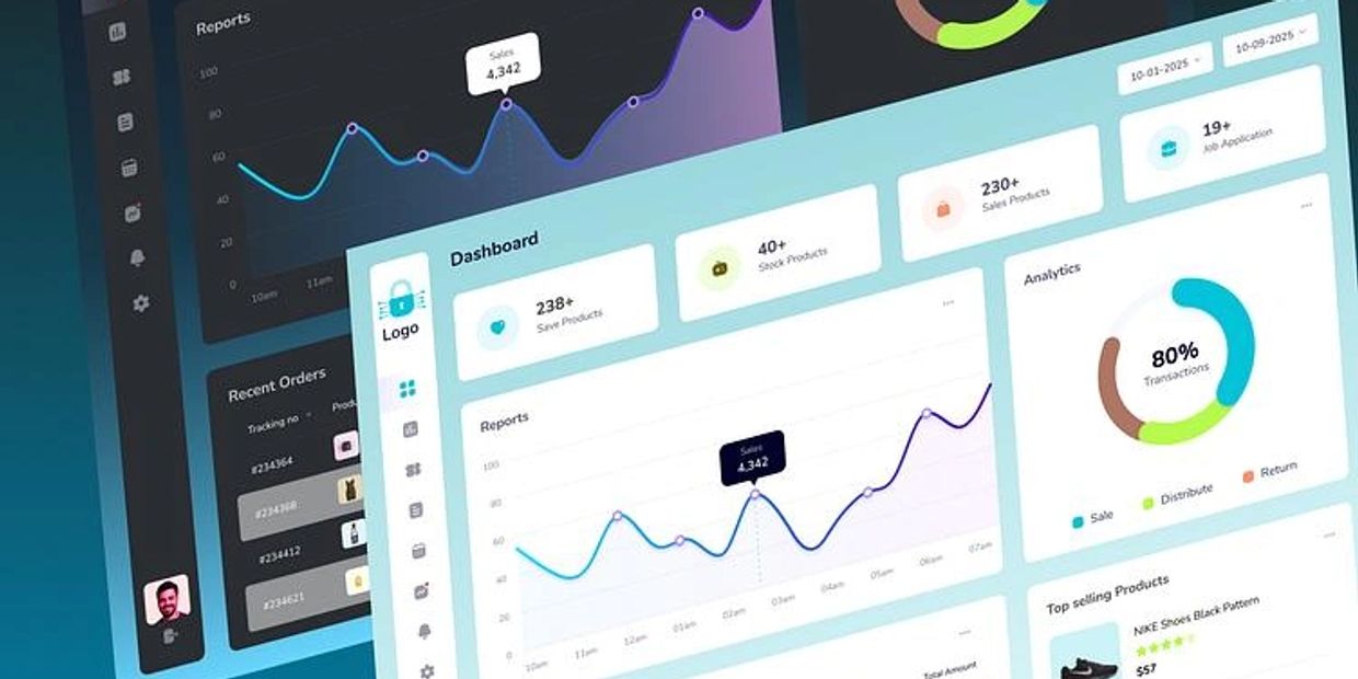 Digital dashboard showing sales, products, analytics, and recent orders.