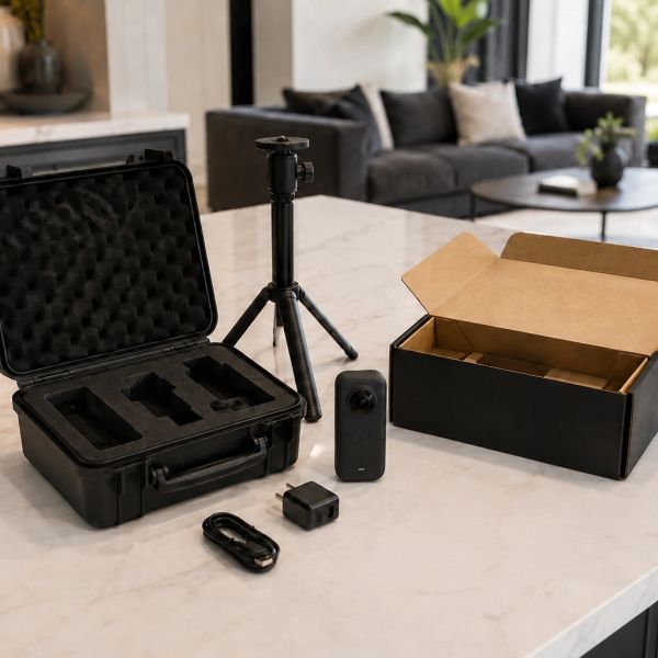 360-degree camera with accessories on a table.