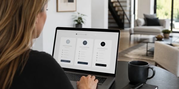 Person using a laptop with a pricing plan comparison on screen.