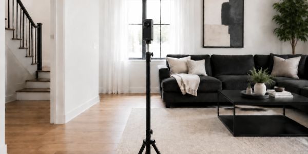 Camera on tripod in modern living room.