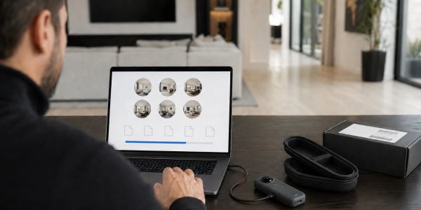 Man viewing home interior photos on laptop.