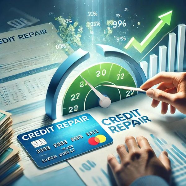 Visual representation of credit repair with gauge, credit card, and upward growth chart.