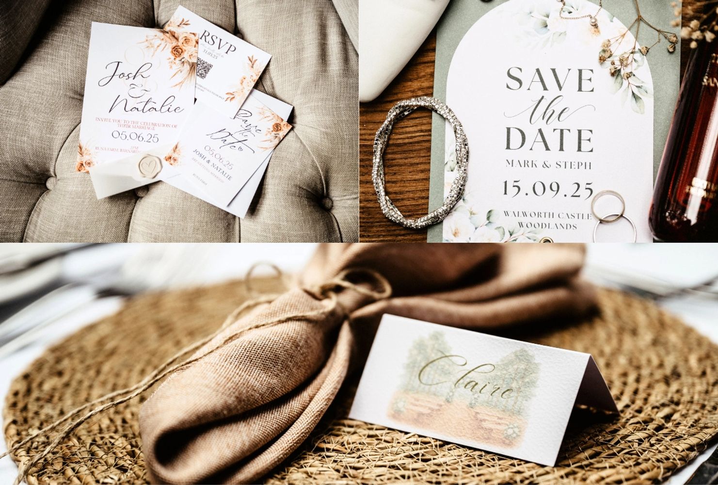 Elegant wedding stationery including invitations, save-the-date card, and name card.
