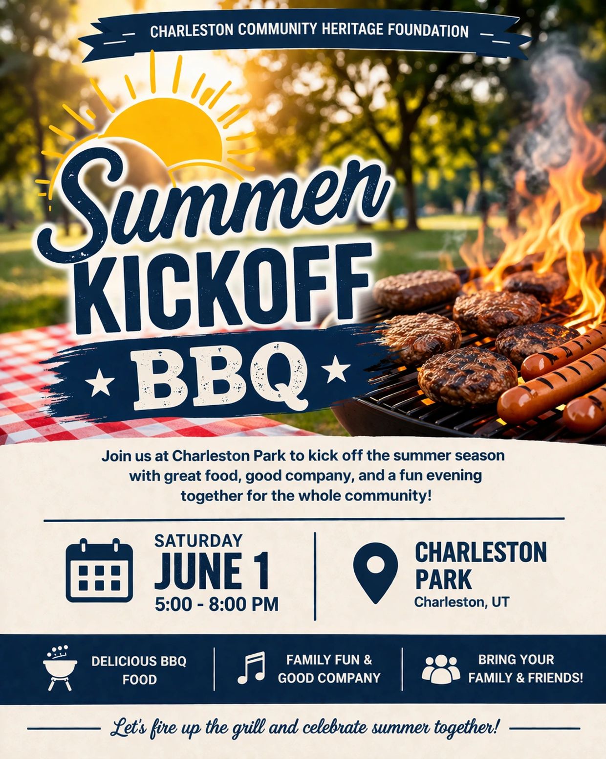 Summer Kickoff BBQ at Charleston Park with delicious food and family fun.