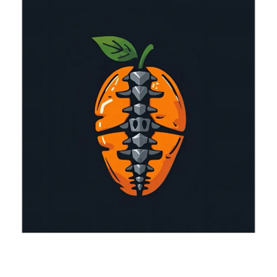 Orange mango with a central spine designed like a dinosaur skeleton.