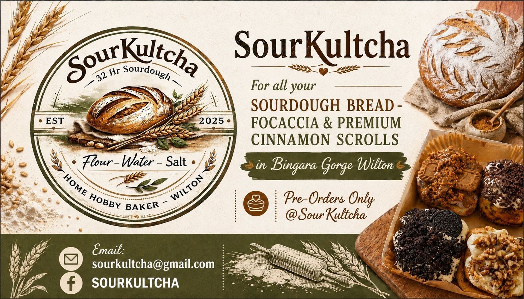 SourKultcha offers sourdough bread, focaccia, and cinnamon scrolls by pre-order in Bingara Gorge Wilton.