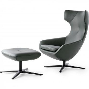 Caruzzo fauteuil met poef Fine in leder en 4-teens voet 'Pure'