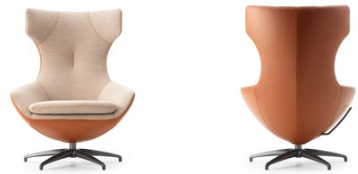 Modern swivel chair with beige fabric and brown leather, shown front and back.