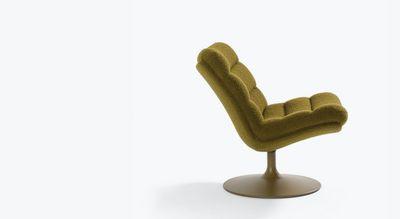 Modern olive-green cushioned swivel chair with a sleek base.