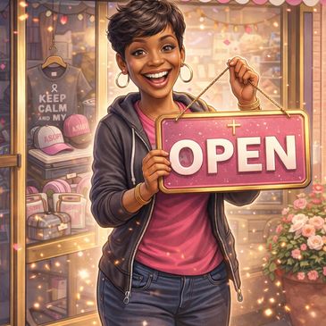 Smiling woman holding an open sign in a shop.
