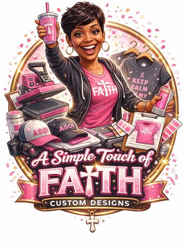 A woman showcasing custom faith-themed designs with vibrant colors.