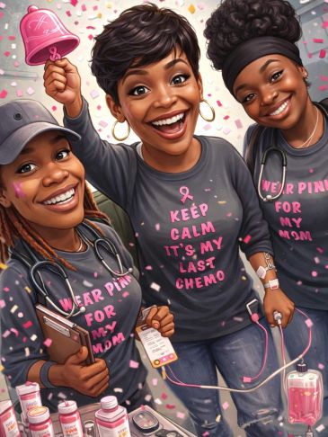 Three women supporting breast cancer awareness and chemotherapy.
