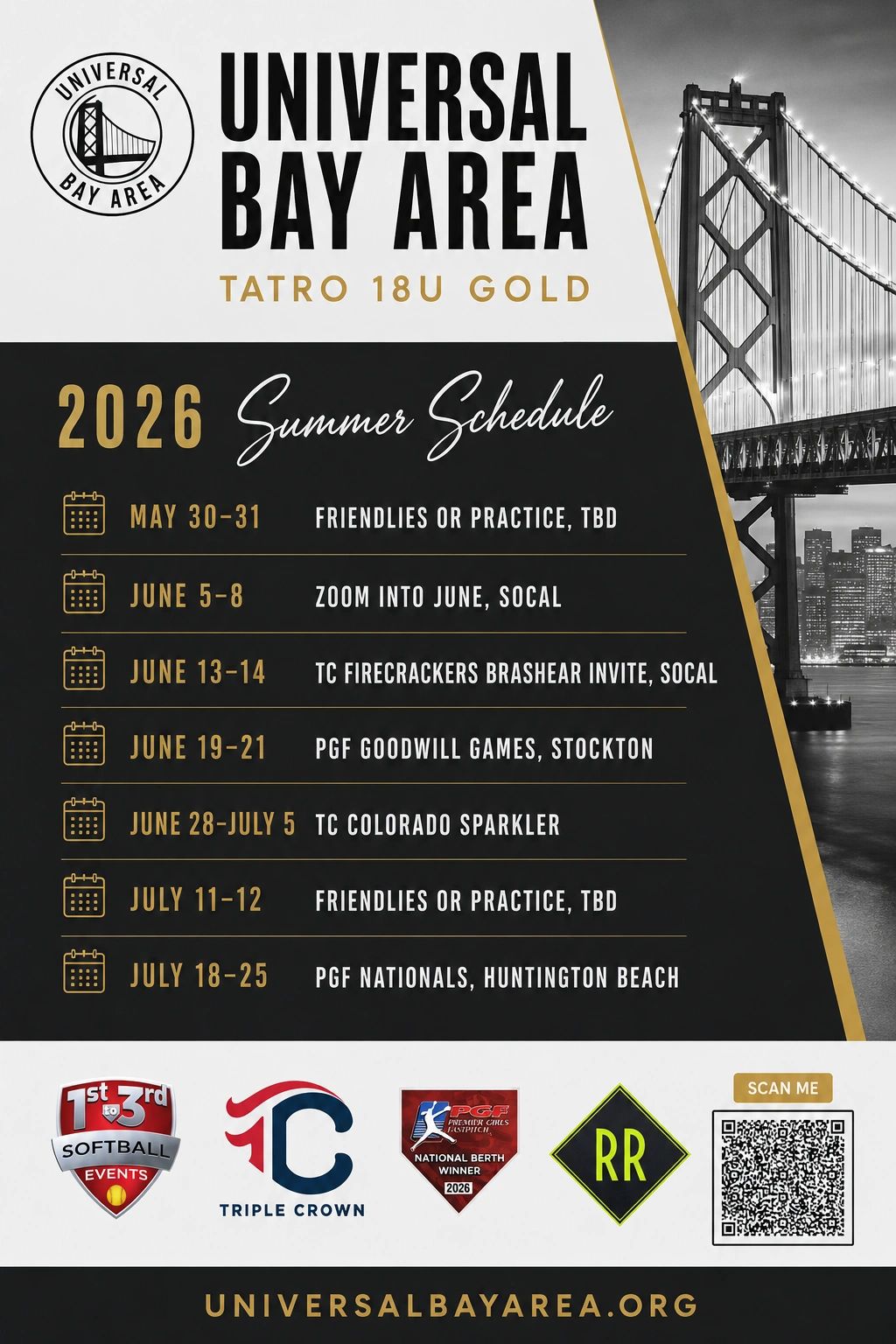 2026 Universal Bay Area Tatro 18U Gold summer softball schedule with event dates and locations.
