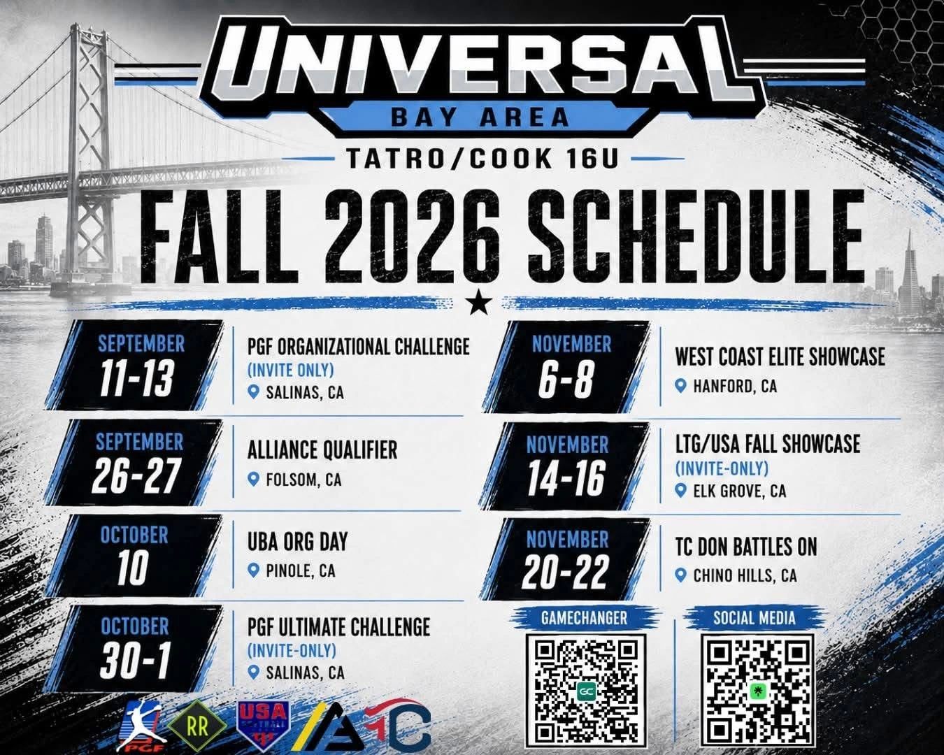 Universal Bay Area Fall 2026 baseball schedule for Tatro/Cook 16U team.