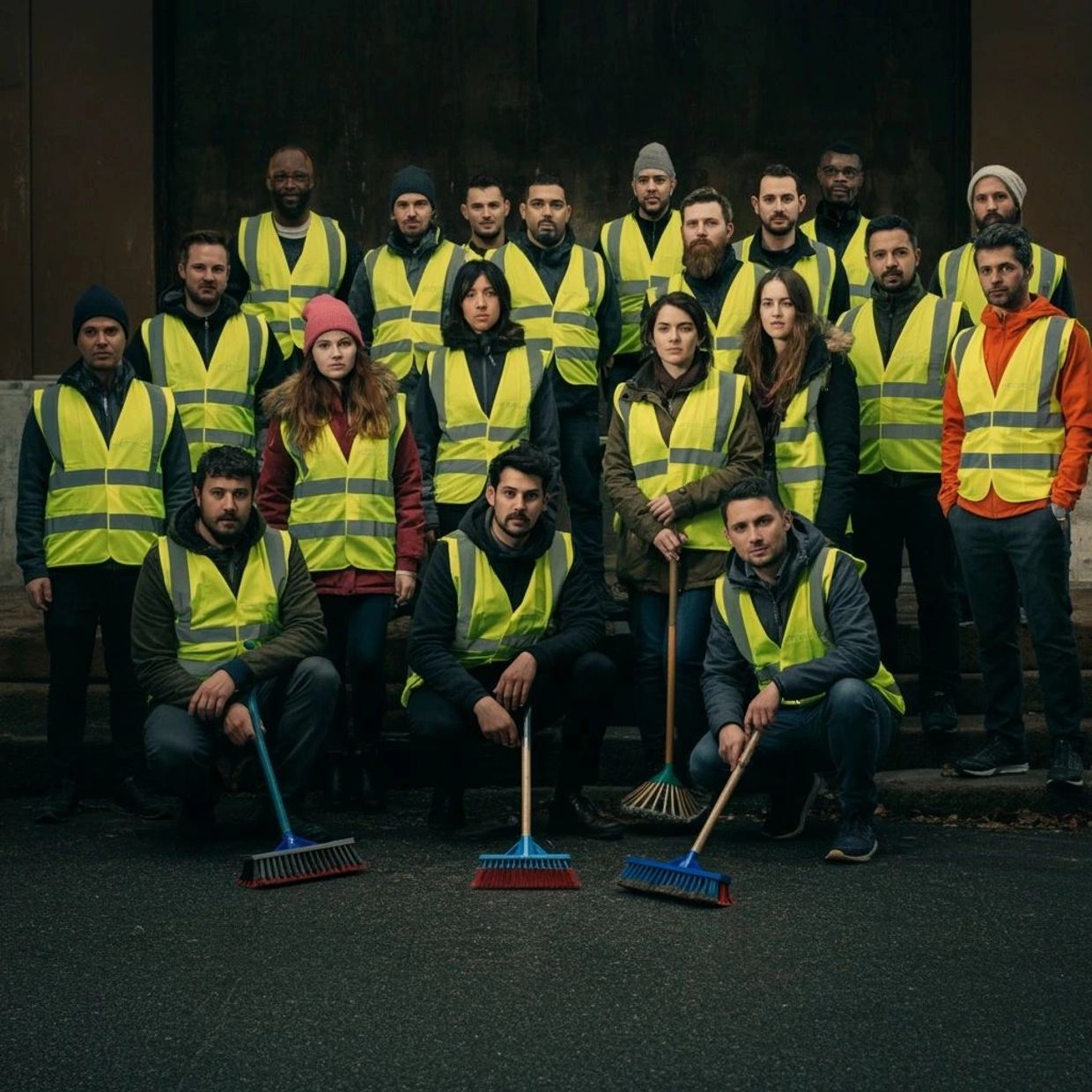 SanitizeUplift crew yellow safety vests posing with brooms.