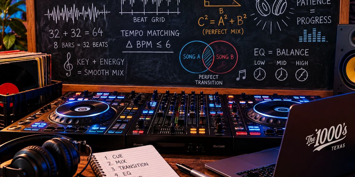 DJ setup with mixer, headphones, and chalkboard instructions.