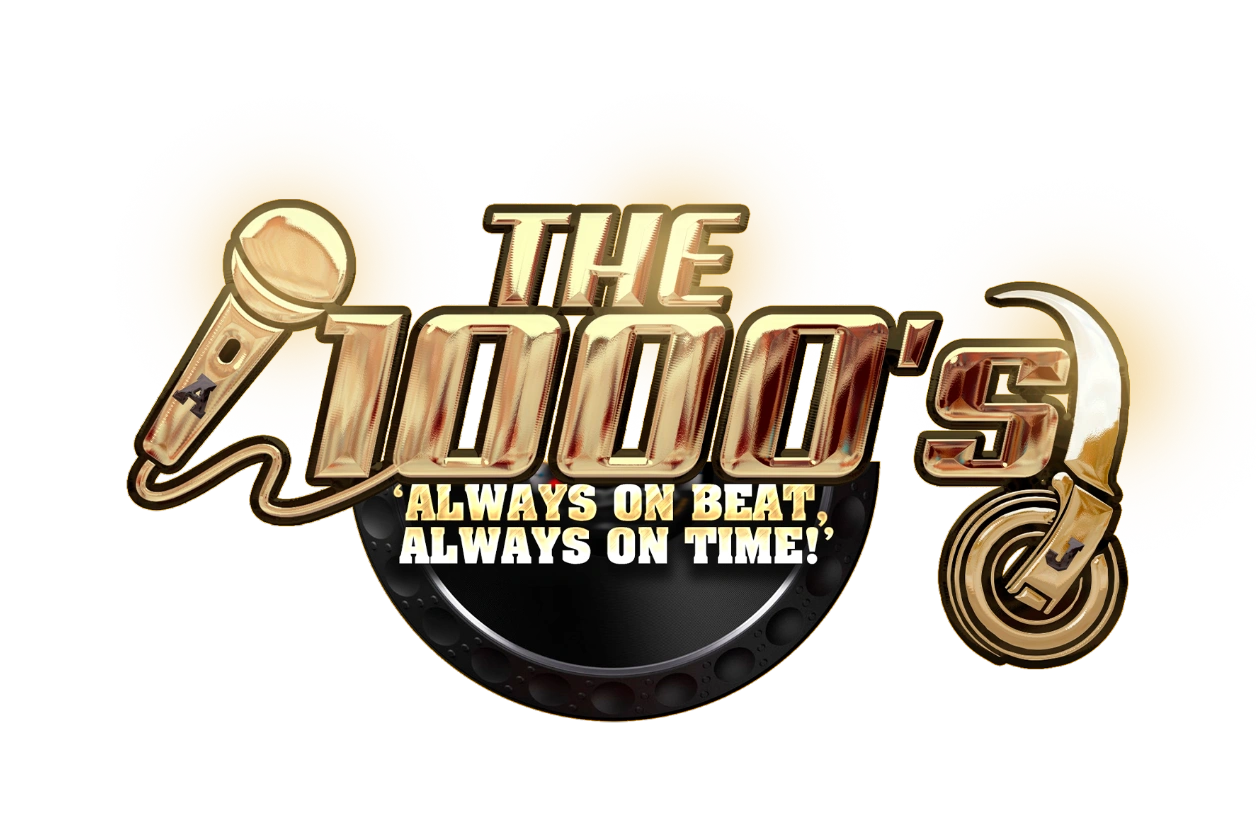 Logo with microphone, text 'The 1000's', and phrase 'Always on beat, always on time!'
