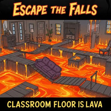 Classroom floor turned lava with furniture on floating platforms.