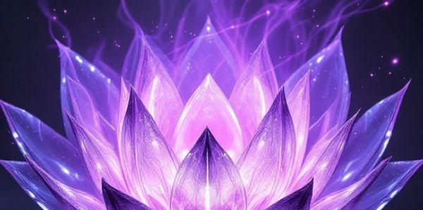 A glowing purple lotus with translucent petals radiating light.