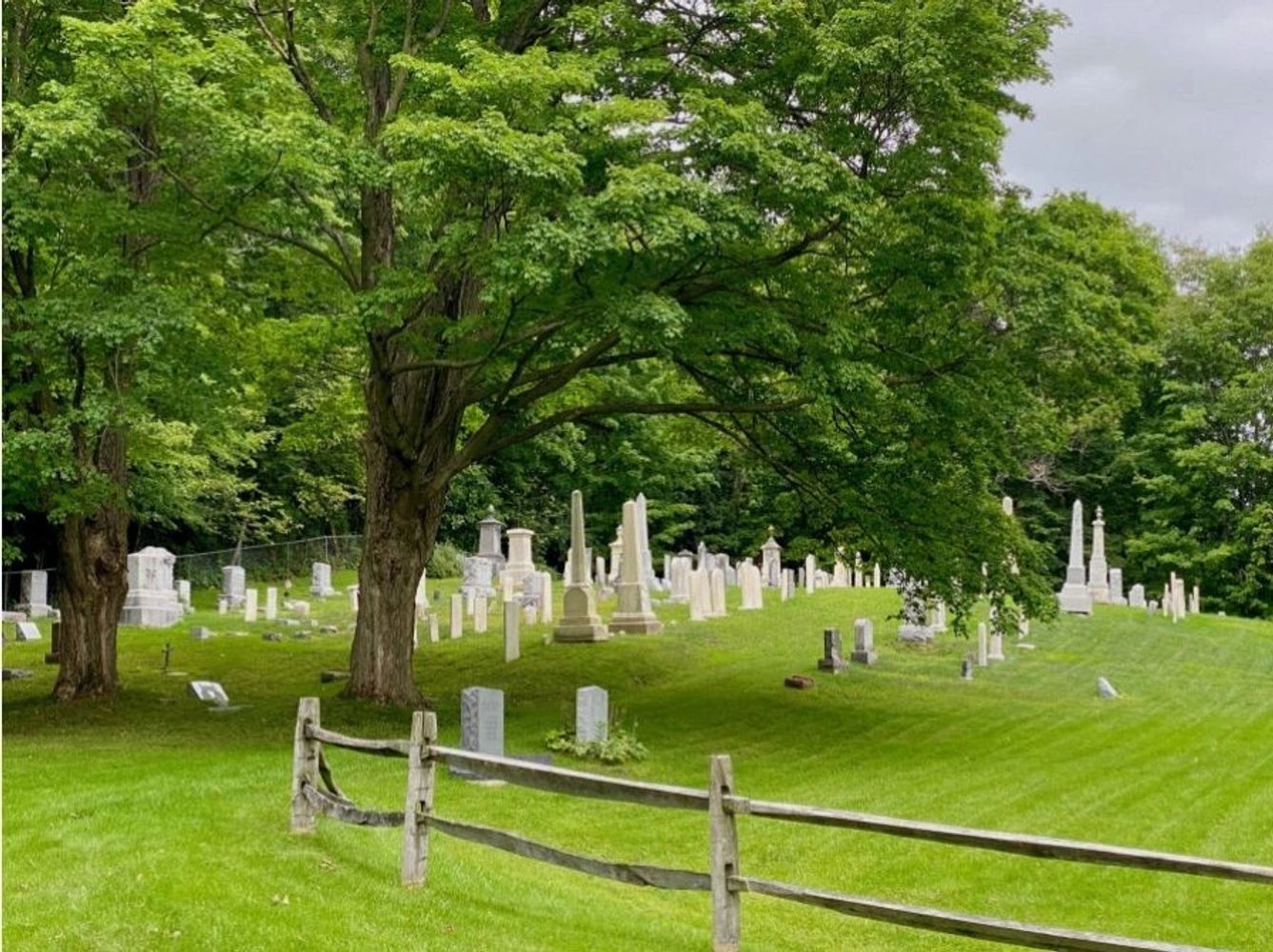 A peaceful cemetery with green grass and large trees under a cloudy sky.
