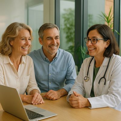 Couple consulting with a smiling female doctor in an office.