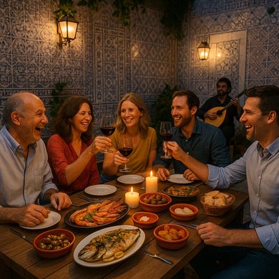 Friends enjoying a candlelit dinner with wine and seafood.
