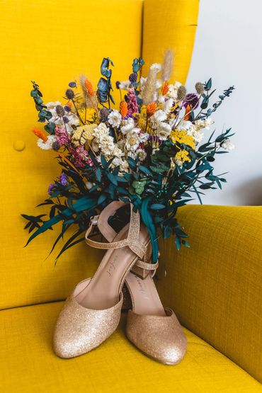 dried DIY bouquet and glitter bridal shoes. carmel mccabe photography
