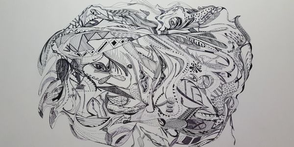 Abstract black and white ink drawing with intricate patterns.