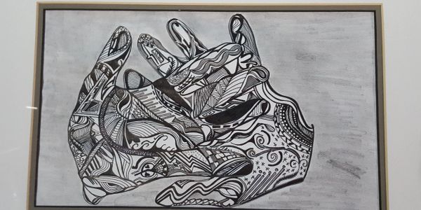Black and white abstract drawing of two hands intertwined.