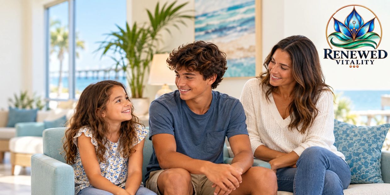 Smiling family sitting together in a bright room with Renewed Vitality logo.