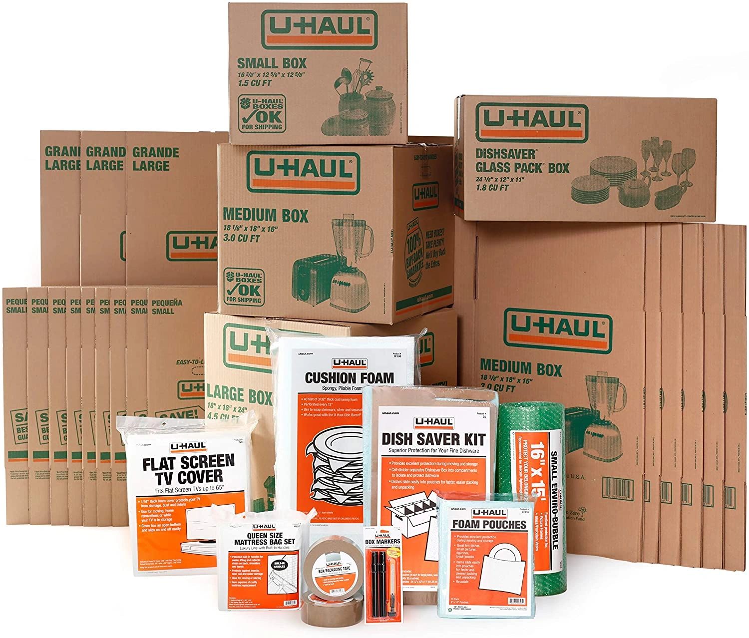 Uhaul supplies. Boxes, dish and glass pack kit, mattress and sofa covers. 