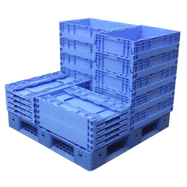 Foldable plastic crates for material storage and shipping in SCM warehouse