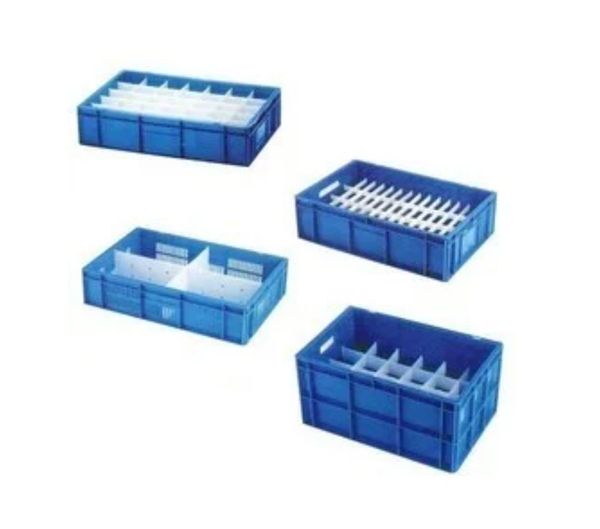 Foldable plastic crates with customized inserts for material storage and shipping in SCM warehouse