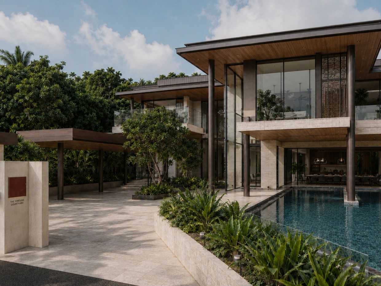 Modern house with a pool and lush greenery.