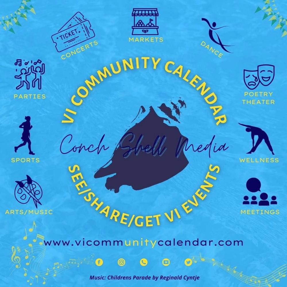 VI Community Calendar by Conch Shell Media listing various event categories.