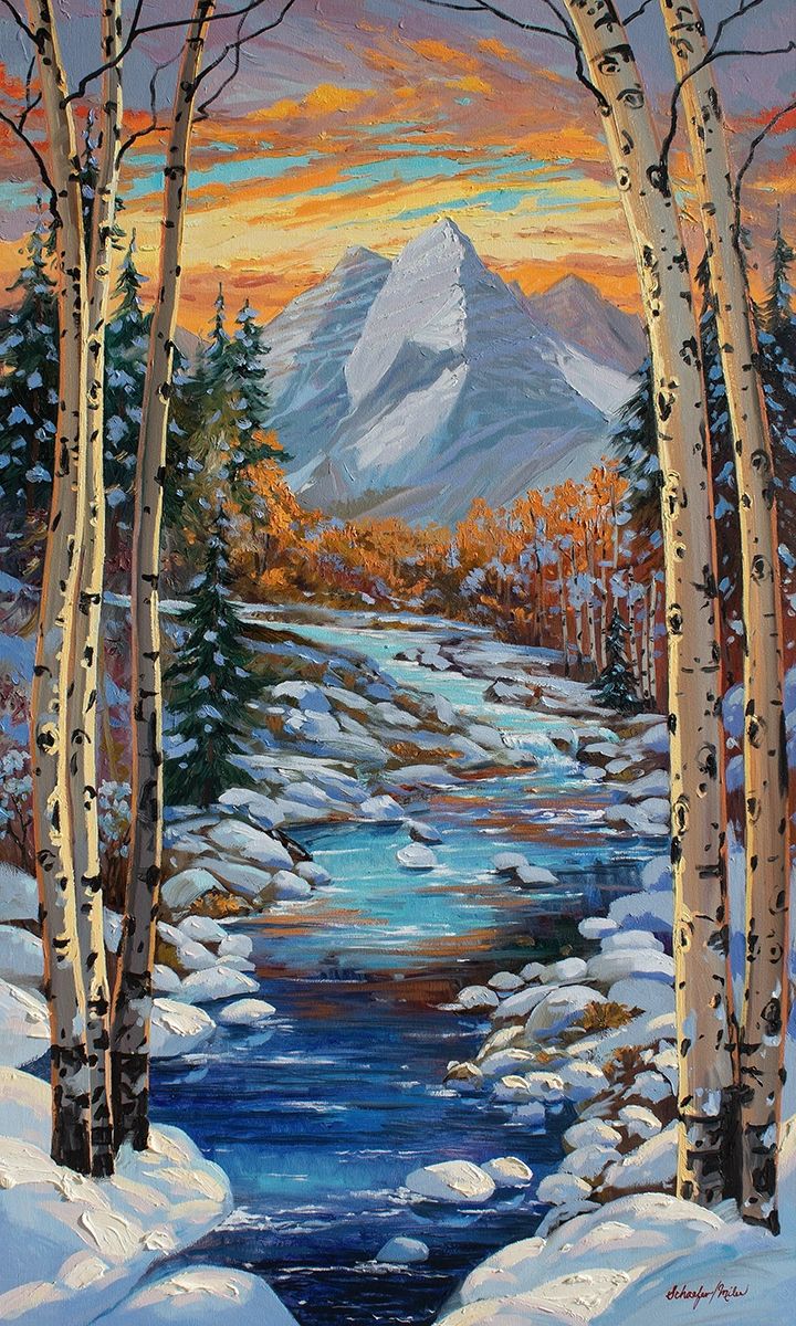 Snowcapped Mountains surrounded by Aspen trees and a shimmering stream. Oil on canvas Schaefer Miles